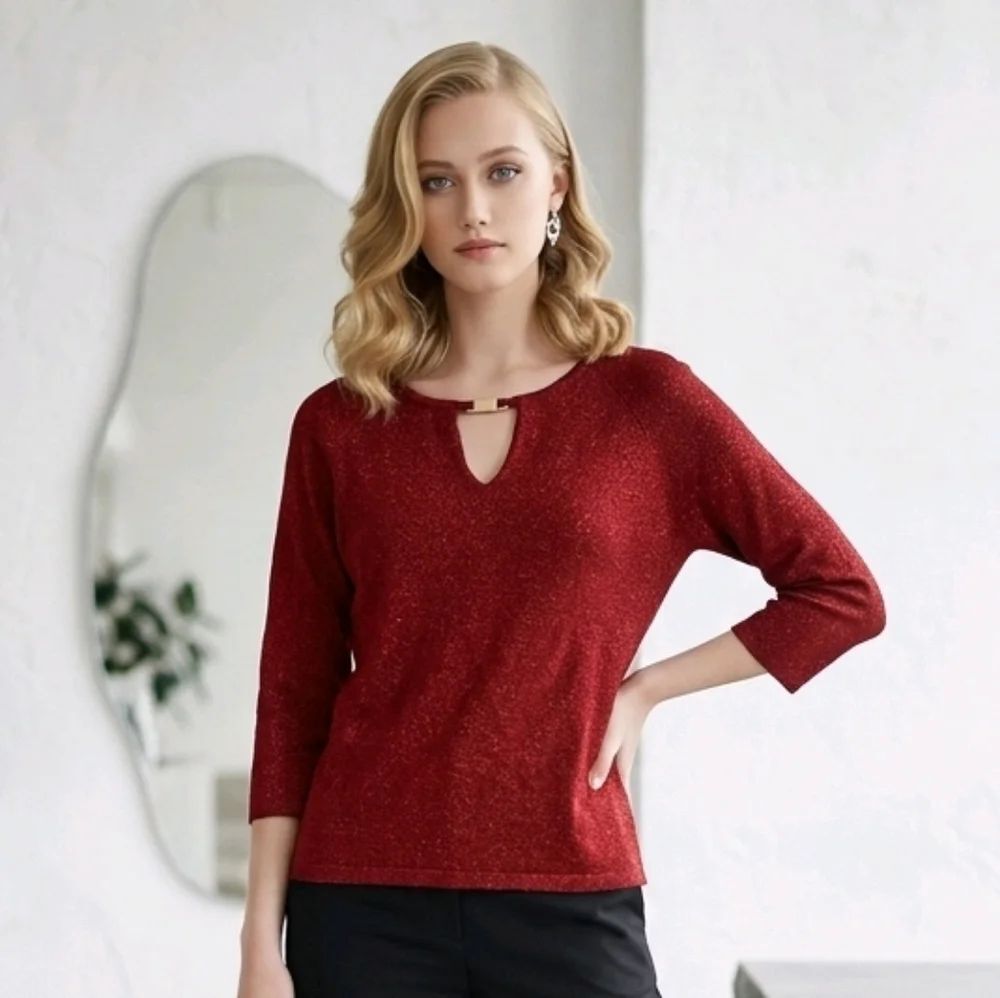 John Paul Richard Red Metallic Shimmer Sweater Women’s Petite PM Dressy Holiday